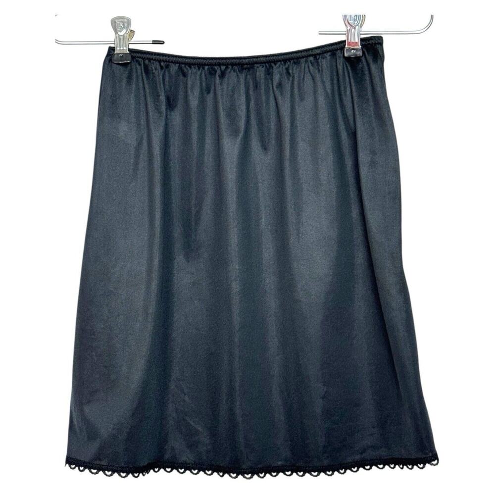 Vintage Mini Slip Skirt Black Lace Trim Coquette Lingerie Warners M